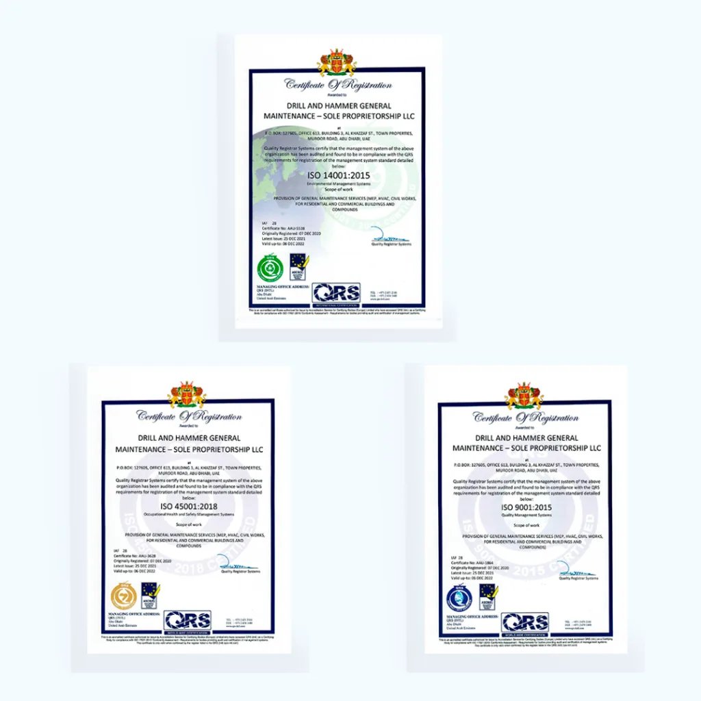 Drill and Hammer – Abu Dhabi provides services that are ISO 9001:2015, ISO 14001:2015, ISO 45001:2018 certified. we are concerned about Quality Management, Environmental Management, and Occupational Health and Safety Management.